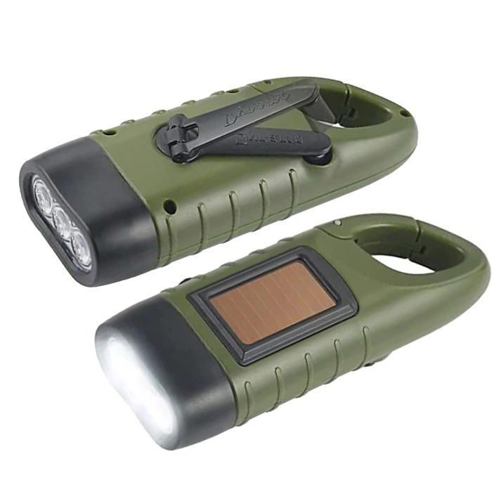Lot de 2 lampes torche LED solaires rechargeables à manivelle étanches 3 LED vert armée