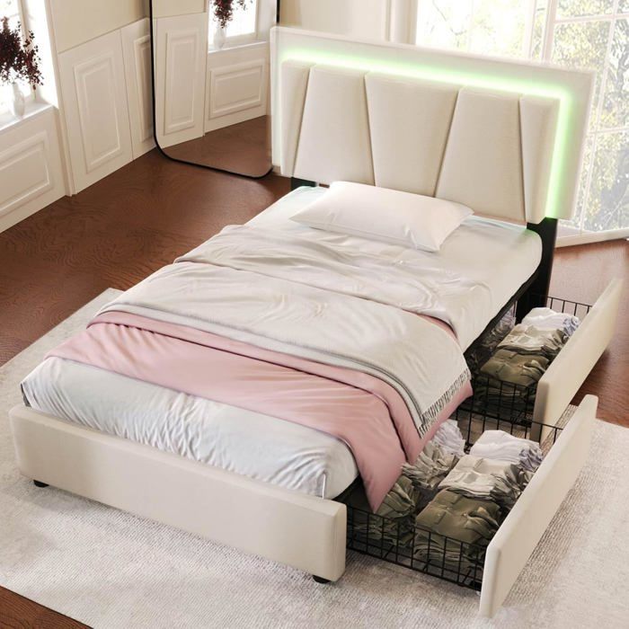 Lemonbest Lit Double Rembourré 90x200 cm avec Éclairage LED et 2 Tiroirs Lit Adulte avec Tête de Lit Réglable en Hauteur Beige