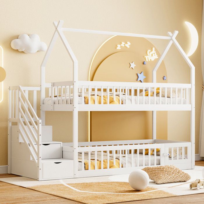Lit superposé enfant 90x200 cm - Avec échelle de sécurité - Avec 3 tiroirs - Blanc (matelas non inclus)