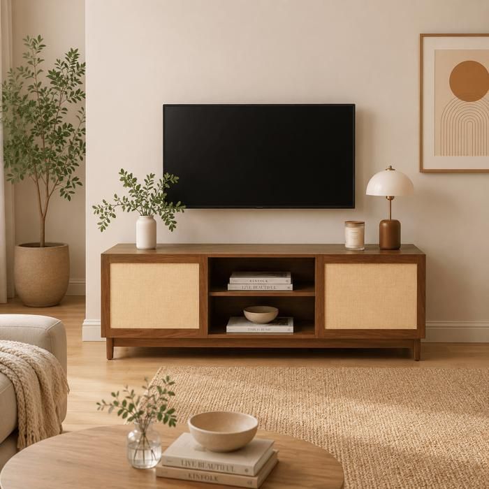 Meuble TV HARIA effet noyer et rotin 150cm - Bois