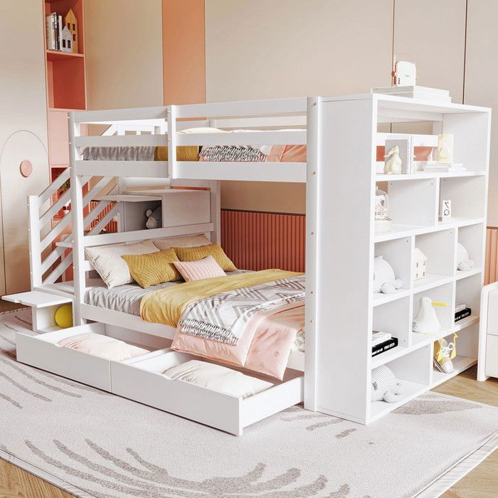 Lit superposé - TRUXEN8 - 90x200 cm - Escalier sécurisé - Rangement intégré - Bois de pin blanc