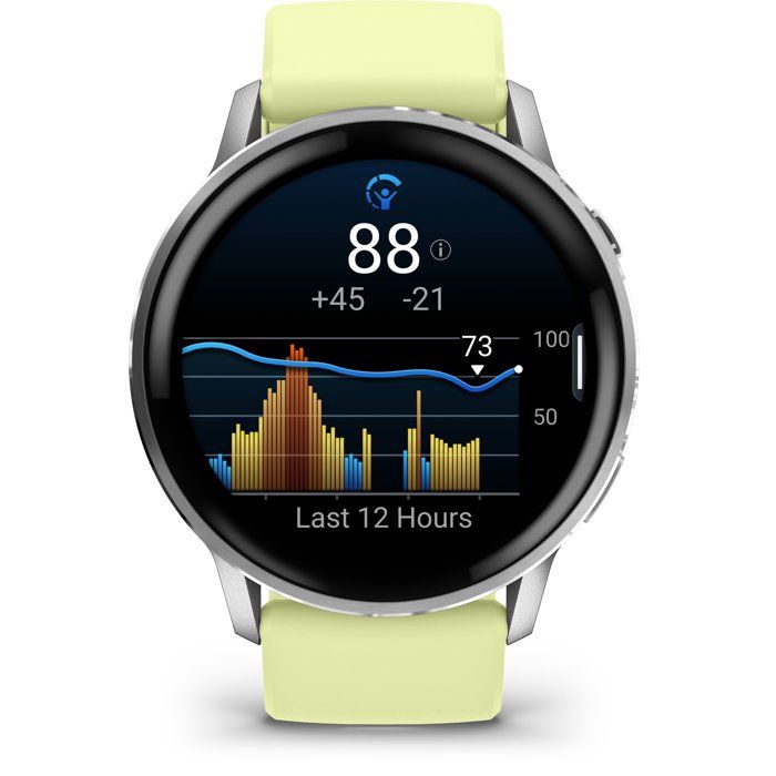 Montre GPS connectée - GARMIN - Venu 4 - 45 mm (1 4) - Silver avec bracelet en silicone jaune citron