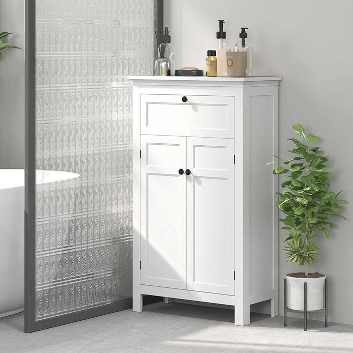 Meuble de salle de bain blanc avec tiroir et étagères réglables 102 5 cm de hauteur Meuble de salle de bain blanc avec tiroir et étagères réglables 102 5 cm de hauteur