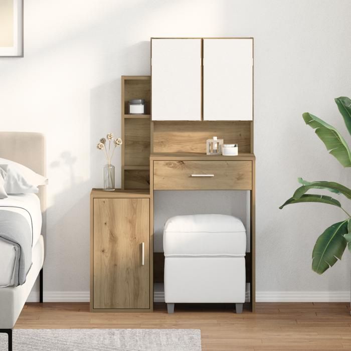 Coiffeuse moderne avec miroir - vidaxl - 80x35x132 cm - Marron - Bois dingénierie - Finition mate - Rangements inclus