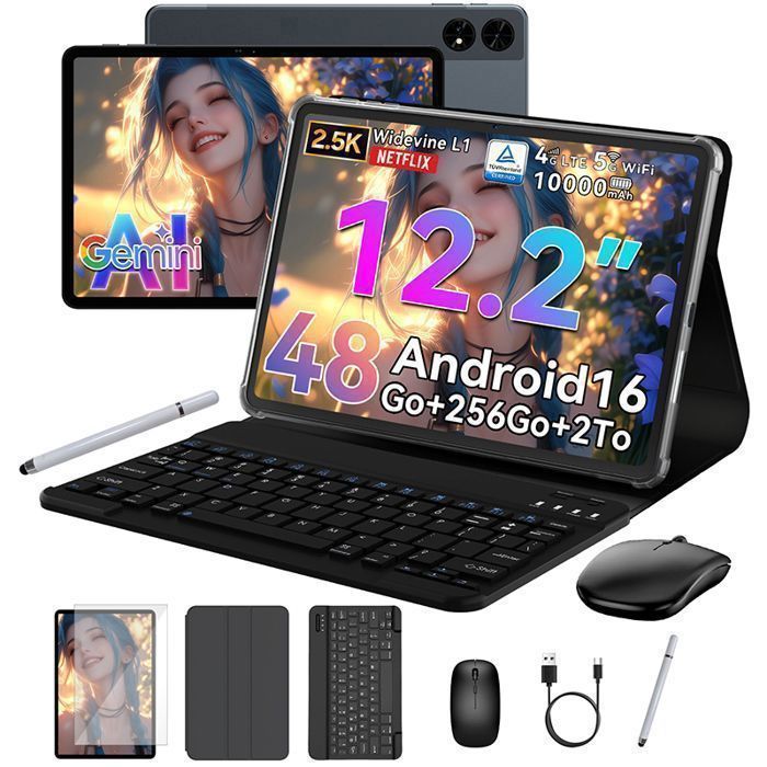 T60 Tablette Tactile 122 Android 1648Go RAM(12+36Go)256Go4GWi-Fi 5 GHz10000mAhClavier+ StyletWidevine L1Gemini AI