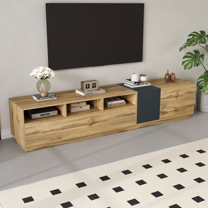 Meuble TV 200 cm en panneau de particules noir et gris avec rangements – style moderne