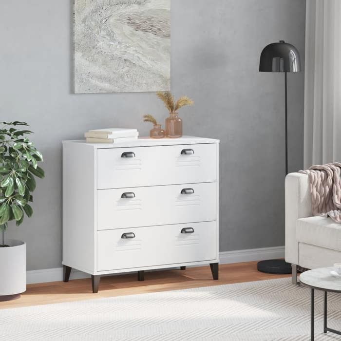 Commode en bois dingénierie - vidaXL - VIKEN - Blanc - 80x40x80 cm - 3 tiroirs - 6 poignées en plastique Commode en bois dingénierie - vidaXL - VIKEN - Blanc - 80x40x80 cm - 3 tiroirs - 6 poignées en plastique