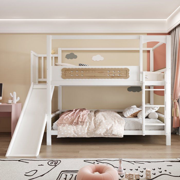 Lit Superposé 2 Places avec Toboggan - Lit Enfant 90x200 cm Maison Sécurisé Barreaux Échelle Large Lit Bois Blanc 2 Enfants