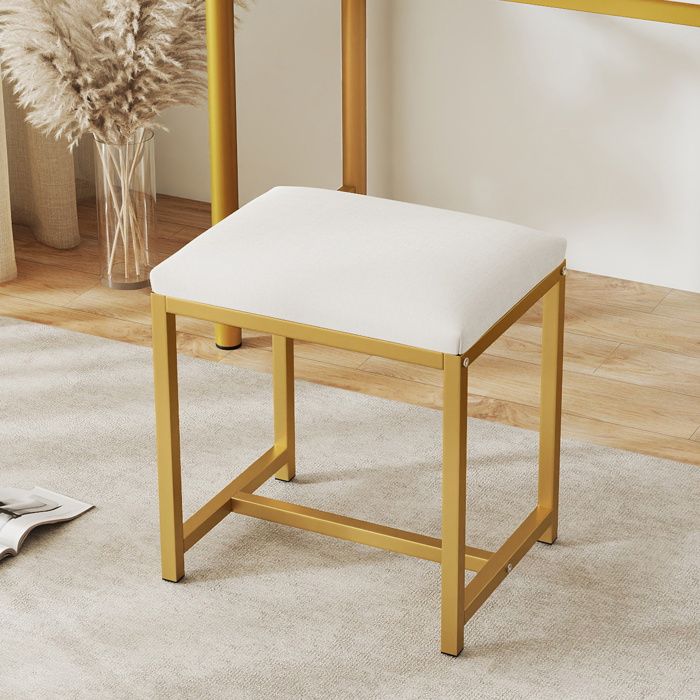 Tabouret de Coiffeuse Rembourré - RELAX4LIFE - Structure Métallique Dorée - Patins Antidérapants - Charge 150KG - Blanc et Doré