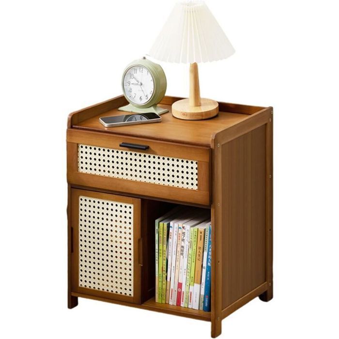 Table de nuit en rotin - ZOR® - Tiroir avec porte coulissante - Bambou - 42x31x50 cm - Marron - Armoire de rangement Table de nuit en rotin - ZOR® - Tiroir avec porte coulissante - Bambou - 42x31x50 cm - Marron - Armoire de rangement