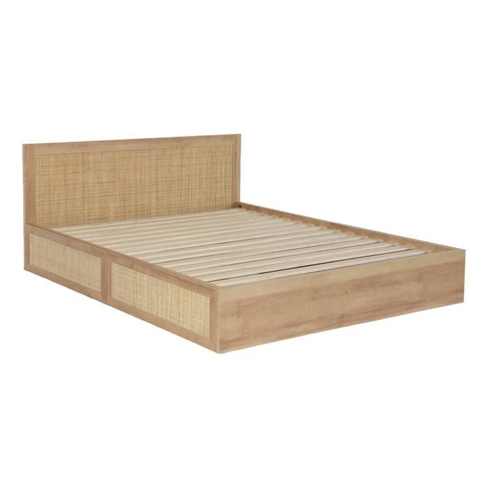 sweeek - Lit bohème avec sommier à lattes et tête de lit 160 x 200cm + 4 tiroirs décor bois et cannage BOHÈME sweeek - Lit bohème avec sommier à lattes et tête de lit 160 x 200cm + 4 tiroirs décor bois et cannage BOHÈME