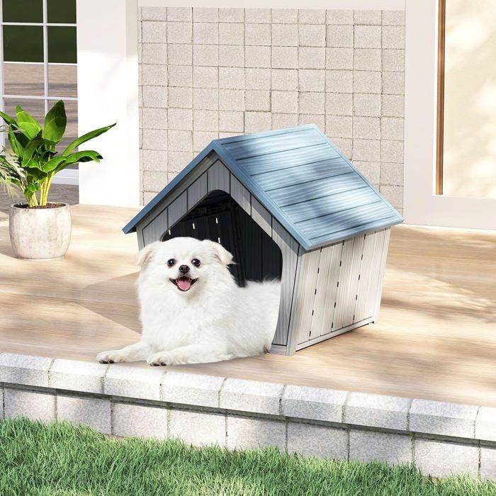 GIANTEX Niche pour Chien Exterieur/Interieur Base Surélevée Résistante à lEau 59 5 x 57 x 58cm Bleu et Gris