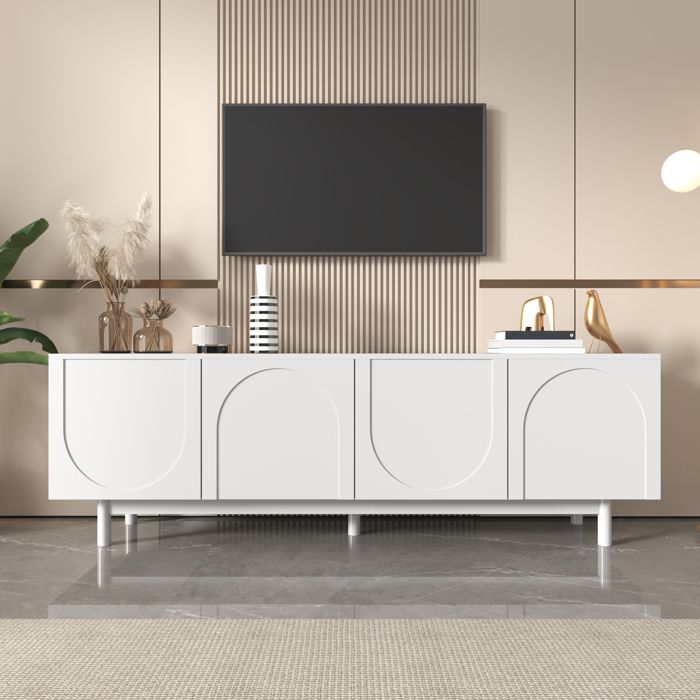 Meuble TV blanc moderne 175x38x56 cm Meuble bas de salon avec 4 portes push-to-open étagères réglables pieds en bois massif