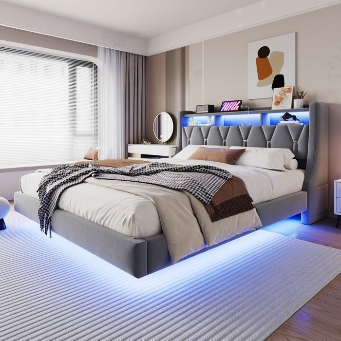 Lit capitonné 180 x 200 cm lit double avec éclairage LED et prise design suspendu tête de lit pliante tissu velours gri