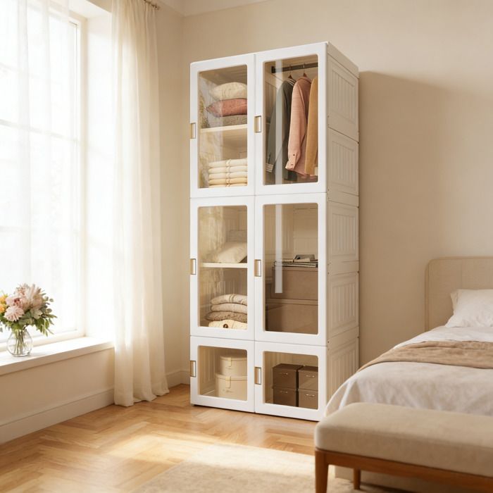 Armoire Chambre - Armoire de Rangement - 6 Portes et 8 Compartiments - Penderie intégrée -Armoire Plastique- 69x50x170cm - Blanc