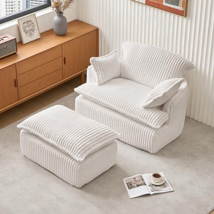 Fauteuil convertible compact avec repose-pieds velours côtelé doux petit espace salon appartement étudiant beige 115x89x77cm Fauteuil convertible compact avec repose-pieds velours côtelé doux petit espace salon appartement étudiant beige 115x89x77cm