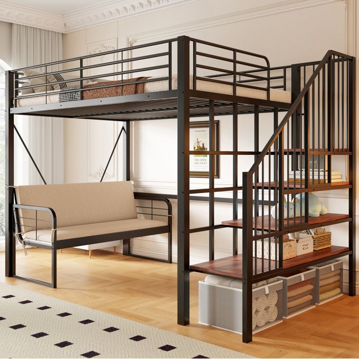 Lit superposé enfant 140 × 200 cm en métal noir avec canapé amovible et escalier de rangement