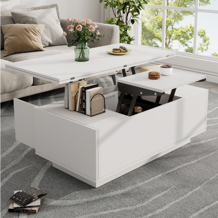 Table basse blanche à double plateau relevable avec rangement caché