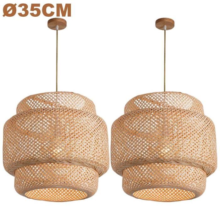 WOTTES Lustre Suspension Luminaire Suspension Bambou Rotin Naturel Ø35*38cm 2PCS pour Chambre Salle à Manger Cuisine