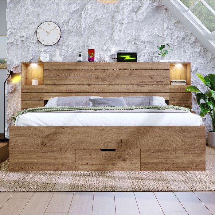 Lit double avec rangement 160x200 cm EVRYAE - LED avec USB et Type C tables de chevet suspendues sans Matelas - Chene