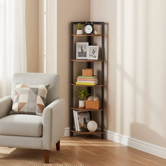 Meuble étagère du coin à 5 niveaux Porte-plantes pour Salon Chambre Bureau Style Industriel Marron et Noir Meuble étagère du coin à 5 niveaux Porte-plantes pour Salon Chambre Bureau Style Industriel Marron et Noir