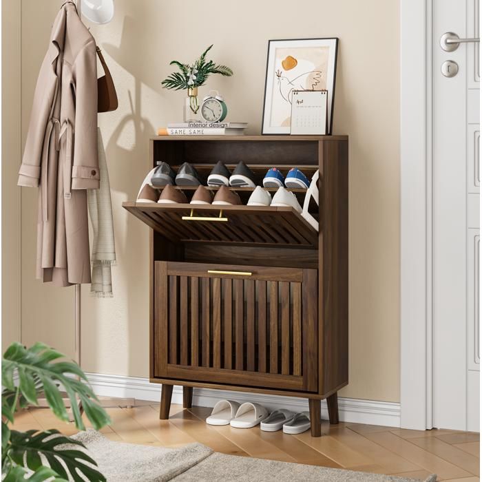 Meuble à chaussures 60 cm avec 2 tiroirs à abattant rangement ouvert style campagne pour entrée noyer - UVRION