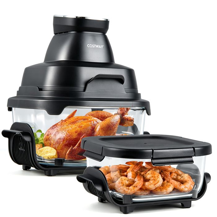 COSTWAY Friteuse sans Huile Portable 4 L ou 1 7 L 1 500 W avec 2 Récipients en Verre 6 Programmes Lavable au Lave-Vaisselle Noir