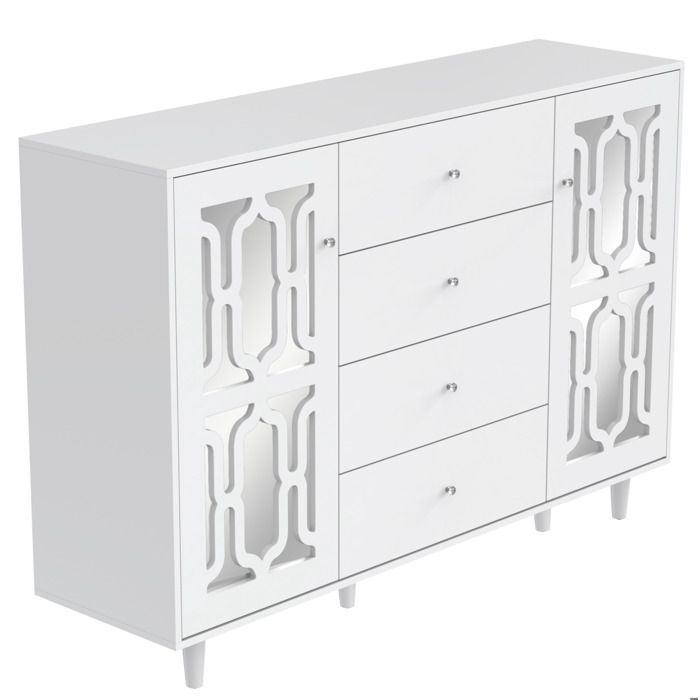 Buffet haut blanc à surface miroir – 2 portes 4 tiroirs – 147 5 x 40 x 102 cm