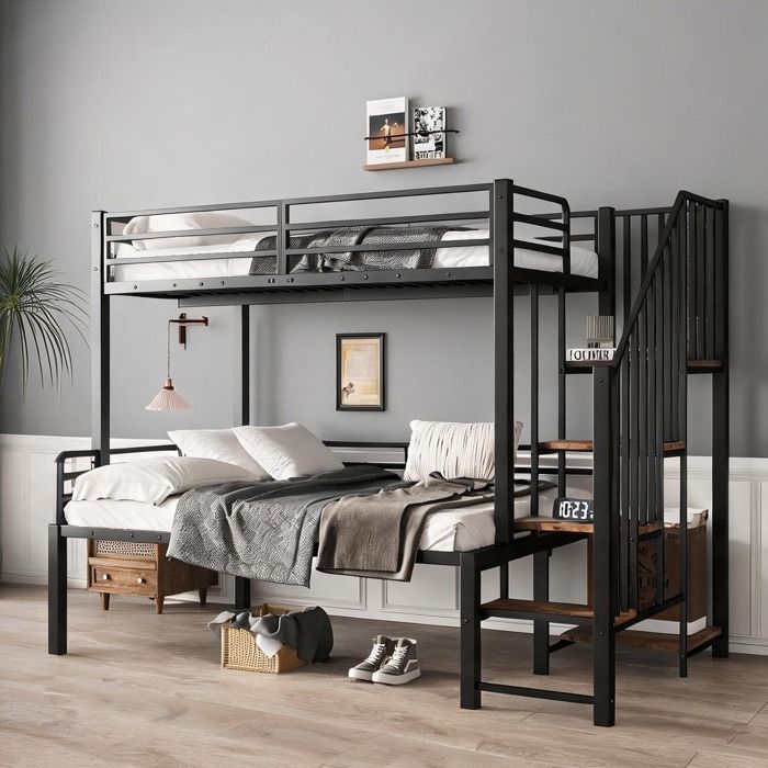 Lit superposé enfant avec échelle de rangement métal et MDF noir et bois vintage couchages 90x200 et 120x200 cm
