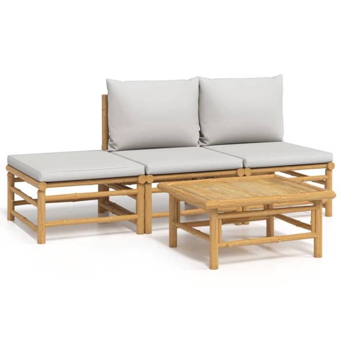 VD Salon de jardin 4 pcs avec coussins gris clair bambou Mobilier outdoor @EU3314BONE
