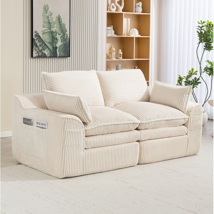 Canapé 2 places beige velours côtelé modulable poches latérales de 2 tailles coussins fournis
