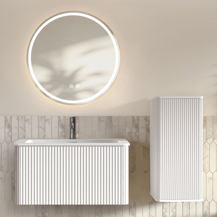 Meuble vasque blanc avec miroir LED rangement mural en MDF pour salle de bain moderne et organisée