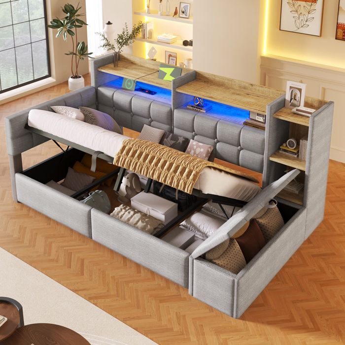 Canapé-lit avec rangement - 90x200 cm - Rangement hydraulique - Ports USB et Type-C - Compartiment de rangement