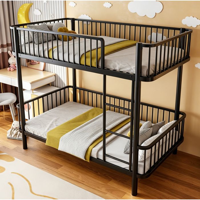 MEUBLIV Lit superposé métal 90 x 200 cm noir avec barrières de sécurité et coins arrondis