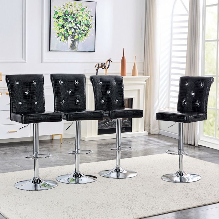 Tabouret de bar réglable lot de 4 noir en PVC aspect crocodile avec boutons cristal et repose-pieds ORVRYN