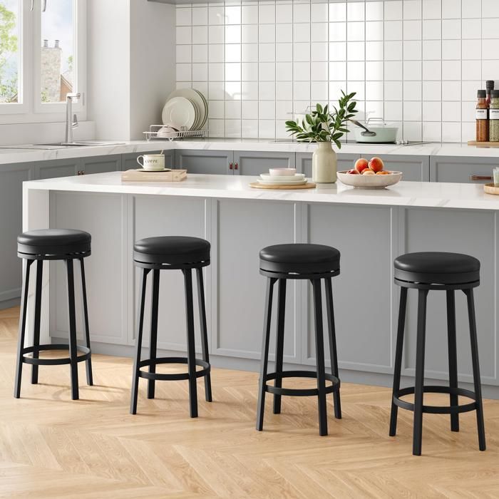 Lot de 4 tabourets de bar noirs 30 po pivotants assise ronde PU sans dossier cadre métal cuisine bar maison