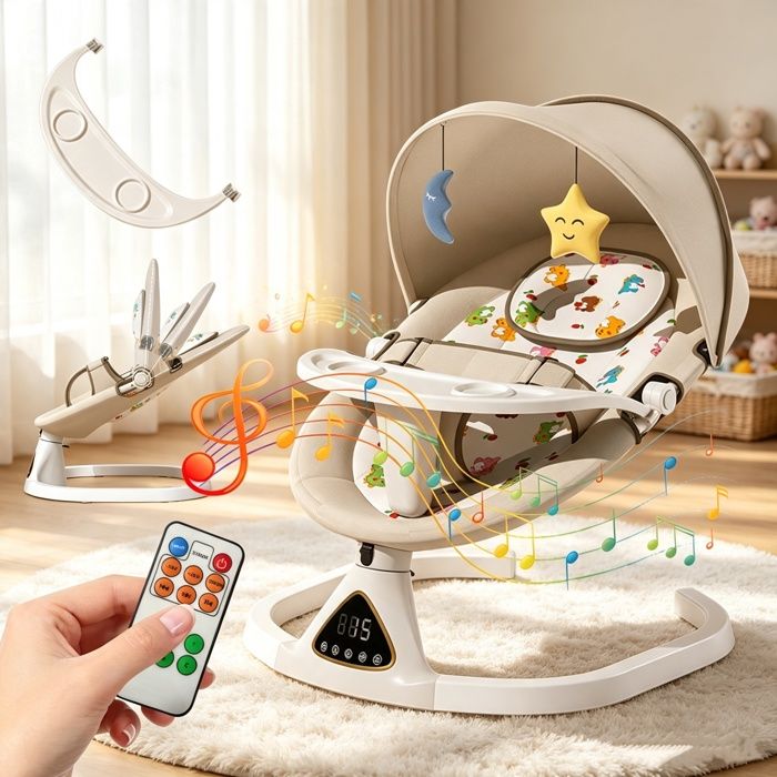 Balancelle Bébé Électrique Balancelle Transat Bébé 3 en 1 avec Télécommande plateau repas 5 Vitesses Minuterie Bluetooth