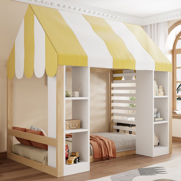 Lit cabane enfant 90x200 cm avec baldaquin et 2 niches ouvertes cadre en bois effet bois naturel et blanc sans matelas