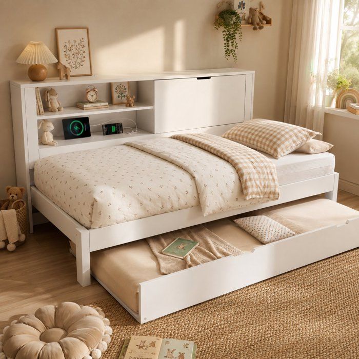 Canapé lit gigogne 90x200 blanc coffre de rangement arrière compartiment ouvert lit gigogne 90x190 et ports USB