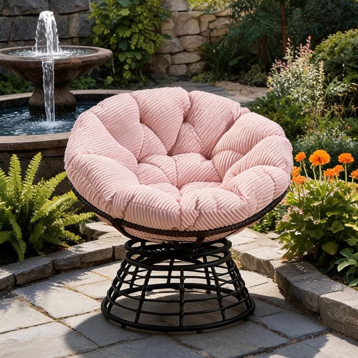 Fauteuil rond pivotant en rotin avec coussin rose structure acier marron intérieur et extérieur