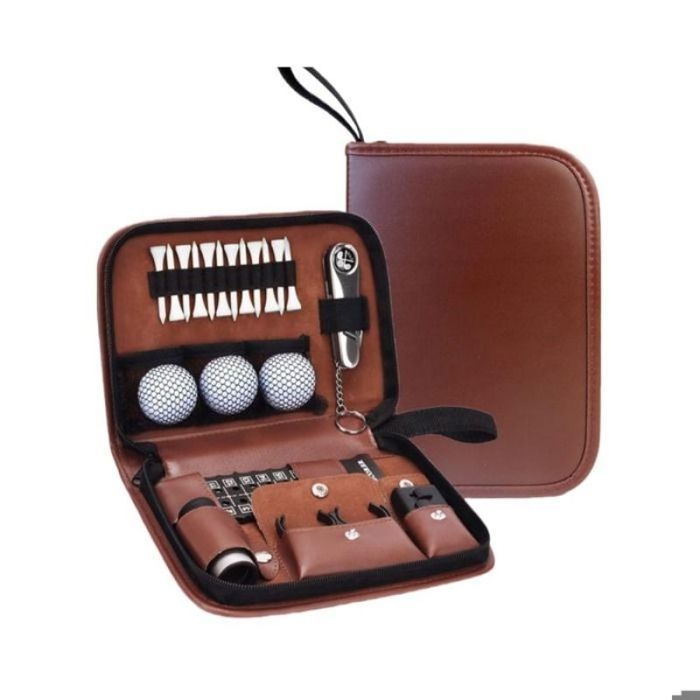 Kit dAccessoires de Golf en Cuir PU Marron - Ensemble dOutils de Golf Multifonctionnel Complet PACK PRODUITS DE GOLF
