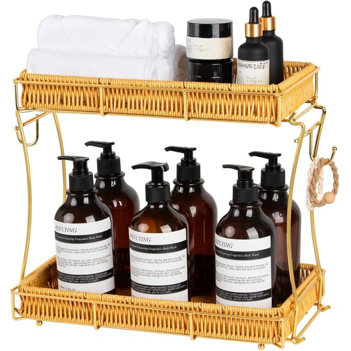 Organisateur Salle de Bain Détachable Rangement Coiffeuse，Étagère avec Style Rotin 2 Niveaux Panier Rangement (Doré)