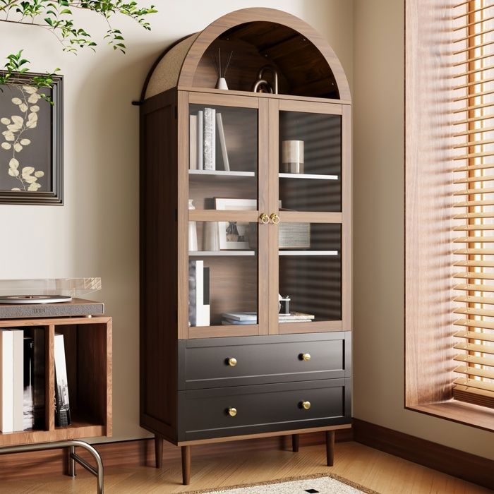 Armoire Vitrine Arquée - 70 x 38 x 168 cm - Bibliothèque Vitrée - avec Étagères Réglables et 2 Tiroirs - Noyer Armoire Vitrine Arquée - 70 x 38 x 168 cm - Bibliothèque Vitrée - avec Étagères Réglables et 2 Tiroirs - Noyer