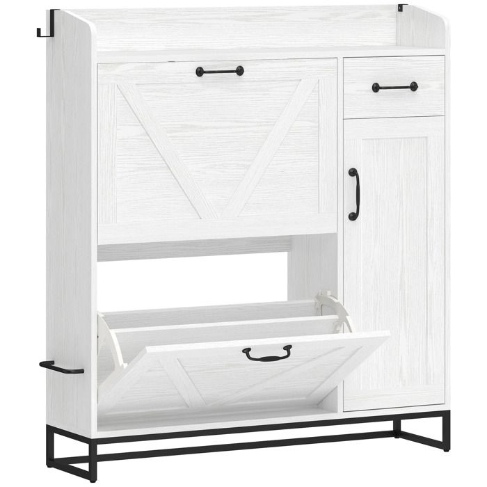YWJ Meuble Chaussures Étroit 2 Tiroirs Rabattables Étagères Réglables 12 Paires 106 7x26x116cm Blanc