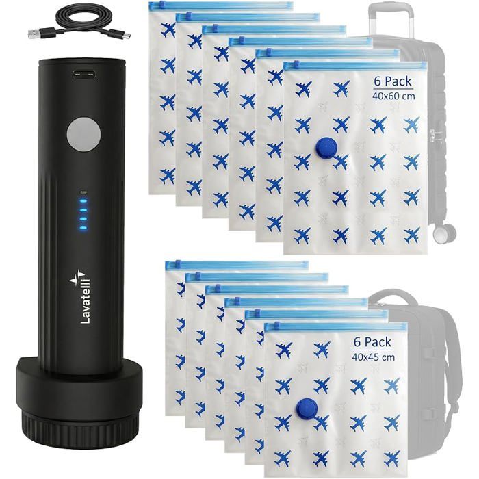 Ultimate Travel Set with USB C Wireless Pump 12 Vacuum Bags (6 x 40 x 45 + 6 x 40 x 60 cm) for Pump + 12 bags HOUSSE DE RANGEMENT