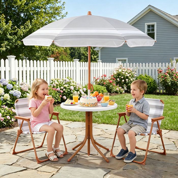 Design rond salon de jardin enfant 4 pièces avec table pique-nique chaises pliantes et parasol réglable pour extérieur