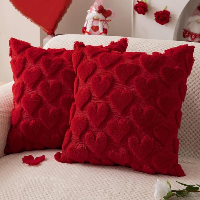 2 Housses de Coussin Cœur Rouge en Peluche Douce 45x45 cm Motif Romantique pour Canapé et Chambre à Coucher