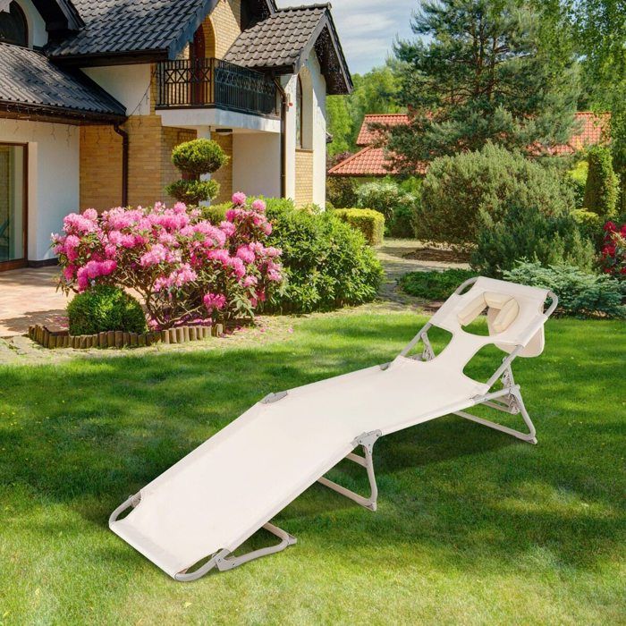 Tissu Oxford et structure métal chaise longue pliante avec trou visage dossier réglable pour plage et camping