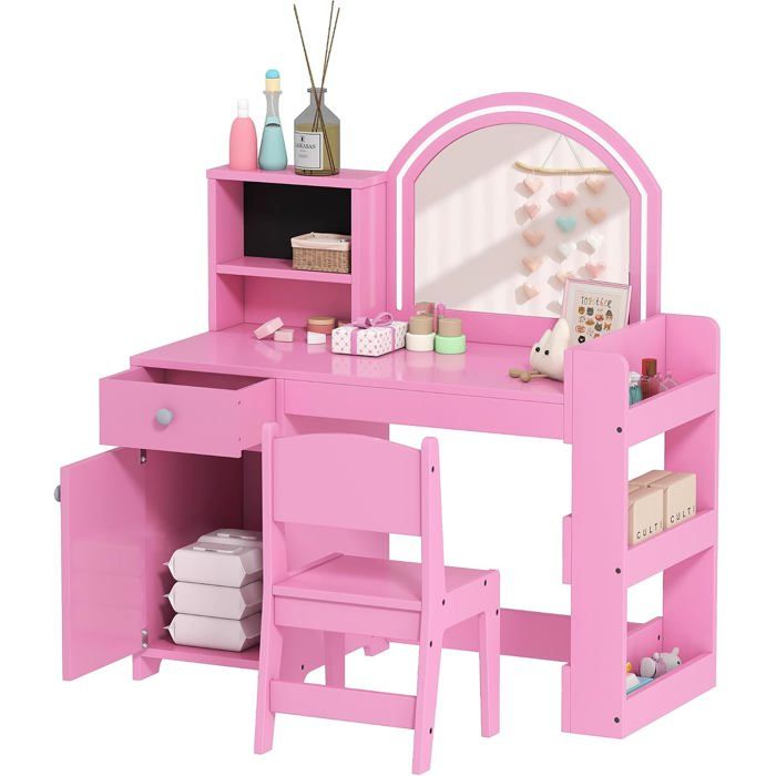 AIYAPLAY Coiffeuse pour enfants avec miroir LED et tabouret bois rose avec tiroir et étagères AIYAPLAY Coiffeuse pour enfants avec miroir LED et tabouret bois rose avec tiroir et étagères