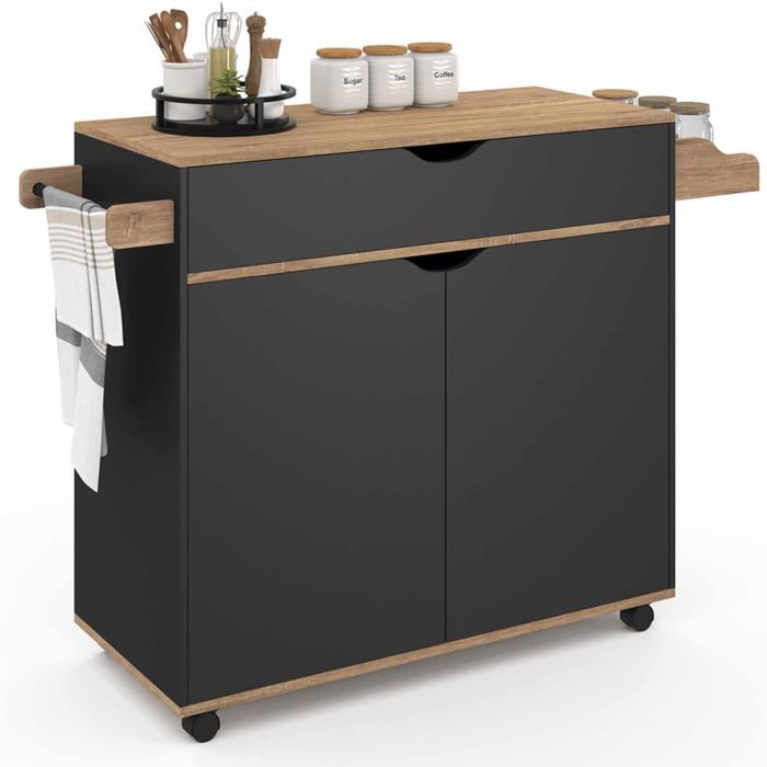IDMarket Desserte de cuisine COSY XXL noir et bois 120x40x85 cm avec placard tiroir et roulettes